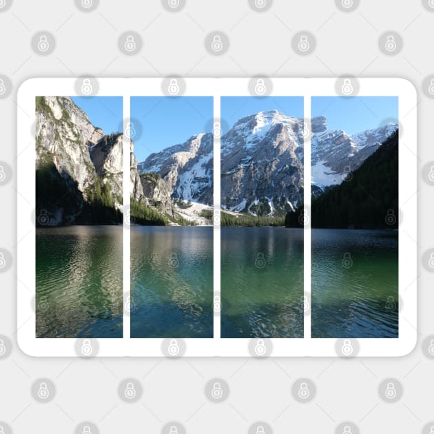 The fabulous alpine lake of Braies in the Dolomites (Bolzano). Lovely place in the Italian Alps. Boats on the water. Reflections in the water. Sunny spring day. Trentino Alto Adige Sticker by fabbroni-art